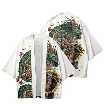 Animacinių Filmų Dragon Samurajus Spausdinti Vyrai Moterys Baltas Megztinis Cosplay Yukata Streetwear Prarasti Japonų Kimono Paplūdimio Šortai Haori
