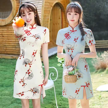 Vasaros Spausdinti Moterų Trumpomis Rankovėmis Qipao Kinijos Tradicinės Moteriška Šalis Suknelė Podiumo Lady Elegantiškas Puikus Cheongsam